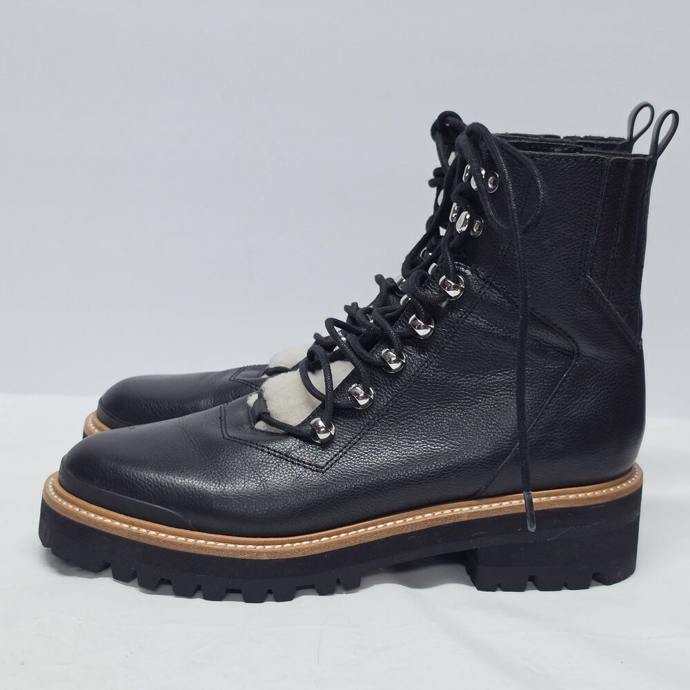 Marc Fisher Lizzie Women's Shearling Lugsole Combat Boots 8.5 In Black Leather